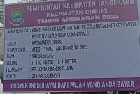 Papan proyek peningkatan jalan hotmix di desa Cukangalih Curug Tangerang