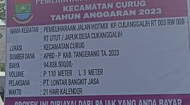 Papan proyek peningkatan jalan hotmix di desa Cukangalih Curug Tangerang