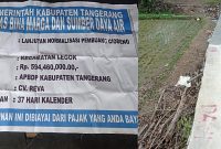 Foto pagu anggaran dan proyek turap di Kecamatan Legok, Kabupaten Tangerang yang diduga molor hingga 2024.